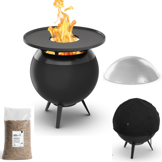 Höfats MOON 45 vuurkorf zwart met lage gietijzeren standaard, grillring, afdekhoes, rvs deksel en 15kg palletkorrels – rookvrije design vuurkorf met houtvergassingstechnologie. 