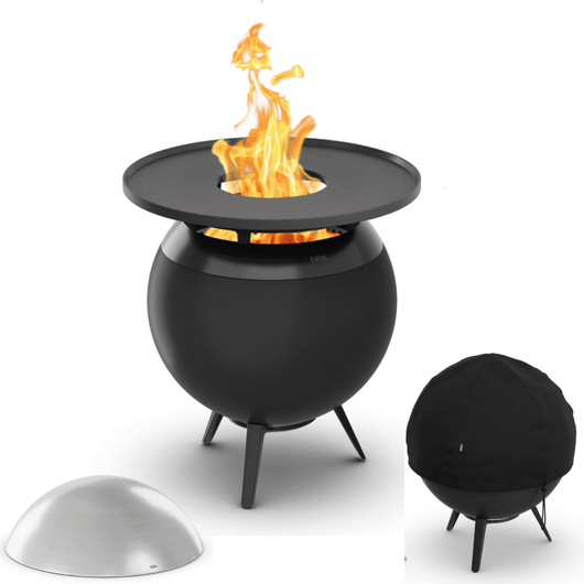 Höfats MOON 45 vuurkorf zwart met lage gietijzeren standaard, grillring, afdekhoes en rvs deksel – rookvrije design vuurkorf met houtvergassingstechnologie. 