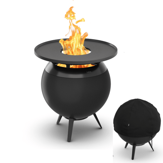 Höfats MOON 45 vuurkorf zwart met lage gietijzeren standaard, grillring en afdekhoes – rookvrije design vuurkorf met houtvergassingstechnologie. 