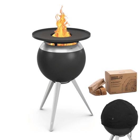 Höfats MOON 45 vuurkorf zilver met hoge rvs standaard, grillring en afdekhoes – rookvrije design vuurkorf met houtvergassingstechnologie. 12kg brandhout
