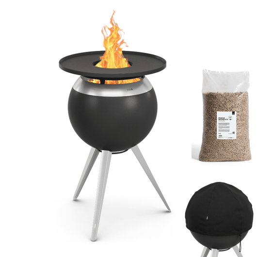 Höfats MOON 45 vuurkorf zilver met hoge rvs standaard, grillring en afdekhoes – rookvrije design vuurkorf met houtvergassingstechnologie.  15kg zak palletkorrels