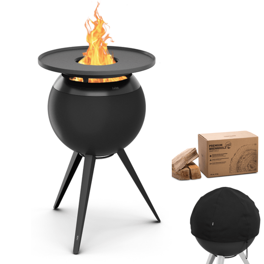 Höfats MOON 45 vuurkorf zwart met hoge rvs standaard en afdekhoes – rookvrije design vuurkorf met houtvergassingstechnologie. 12 kilo brandhout