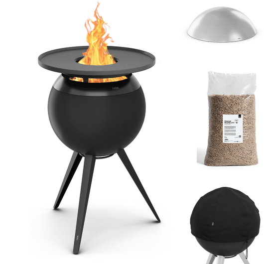 Höfats MOON 45 vuurkorf zwart met hoge rvs standaard, rvs deksel en afdekhoes – rookvrije design vuurkorf met houtvergassingstechnologie. 15kg zak palletkorrels