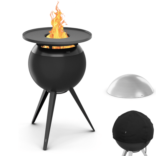 Höfats MOON 45 vuurkorf zwart met hoge rvs standaard, rvs deksel en afdekhoes – rookvrije design vuurkorf met houtvergassingstechnologie. 