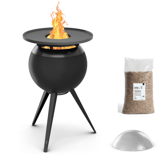 Höfats MOON 45 vuurkorf zwart met hoge rvs standaard en rvs deksel – rookvrije design vuurkorf met houtvergassingstechnologie. 15kg palletkorrels
