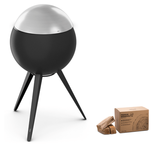  Höfats MOON 45 vuurkorf zwart met hoge rvs standaard en deksel – rookvrije design vuurkorf met houtvergassingstechnologie. 12 kg doos brandhout