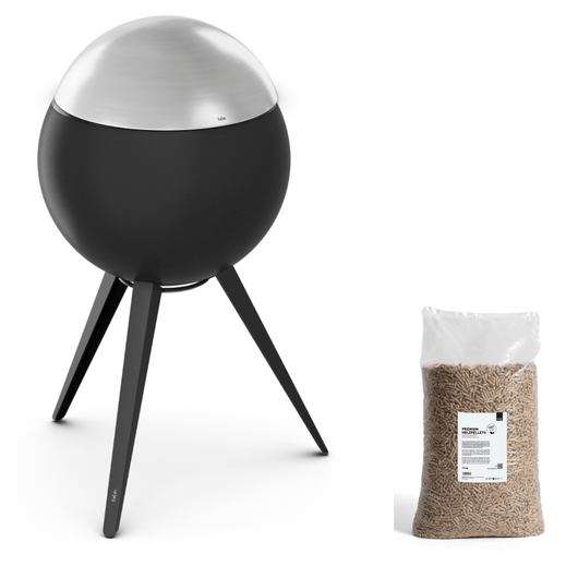 Höfats MOON 45 vuurkorf zwart met hoge rvs standaard en deksel – rookvrije design vuurkorf met houtvergassingstechnologie. 15 kg zak palletkorrels 