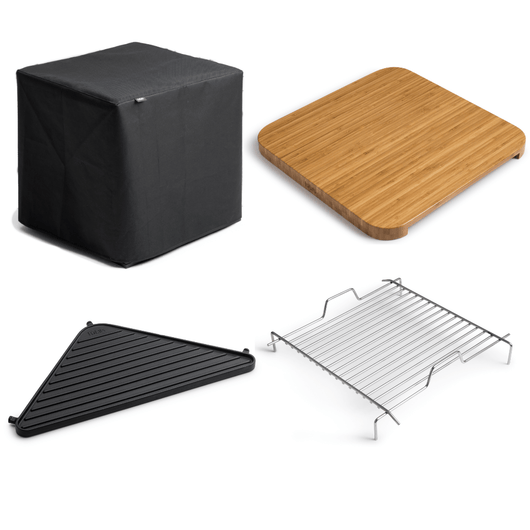 De accessoires voor de Höfats Cube vuurkorf, een stijlvolle en multifunctionele vuurkorf.
