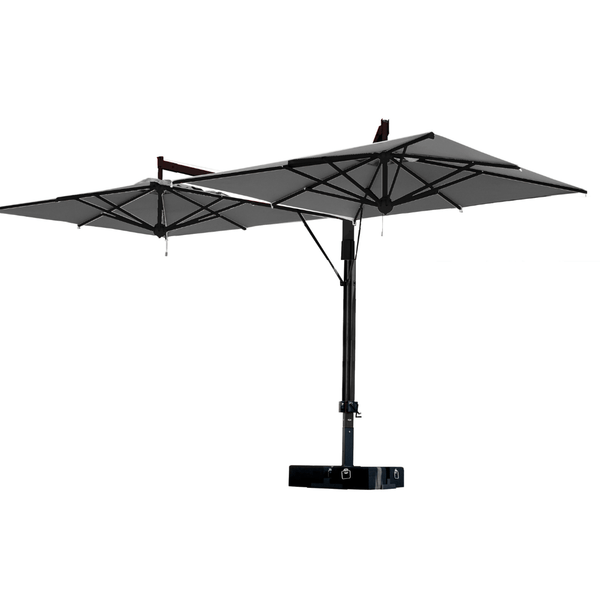 Zweefparasol voorzien van 2 handlieren aan de mast tbv afzonderlijke bediening van de  horecaparasols. Antraciet mast met antraciet doek.