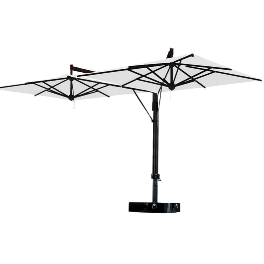 Zweefparasol voorzien van 2 handlieren aan de mast tbv afzonderlijke bediening van de  horecaparasols. Antraciet mast met wit doek.