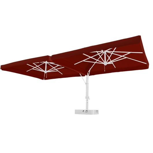 Zweefparasol voorzien van 2 handlieren aan de mast tbv afzonderlijke bediening van de  horecaparasols. Witte mast met bordeaux doek.