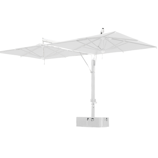 Zweefparasol voorzien van 2 handlieren aan de mast tbv afzonderlijke bediening van de  horecaparasols. Witte mast met wit doek.