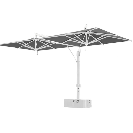 Zweefparasol voorzien van 2 handlieren aan de mast tbv afzonderlijke bediening van de  horecaparasols. Witte mast met zilvergrijs doek.