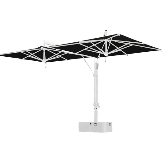 Zweefparasol voorzien van 2 handlieren aan de mast tbv afzonderlijke bediening van de  horecaparasols. Witte mast met zwart doek.