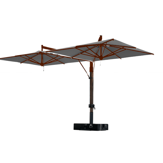 Zweefparasol voorzien van 2 handlieren aan de mast tbv afzonderlijke bediening van de  horecaparasols. Houten mast met antraciet doek.