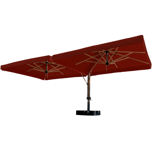 Zweefparasol voorzien van 2 handlieren aan de mast tbv afzonderlijke bediening van de  horecaparasols. Houten mast met bordeaux doek.