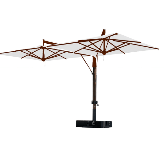 Zweefparasol voorzien van 2 handlieren aan de mast tbv afzonderlijke bediening van de  horecaparasols. Houten mast met wit doek.