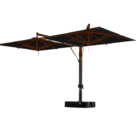 Zweefparasol voorzien van 2 handlieren aan de mast tbv afzonderlijke bediening van de  horecaparasols. Houten mast met zwart doek.