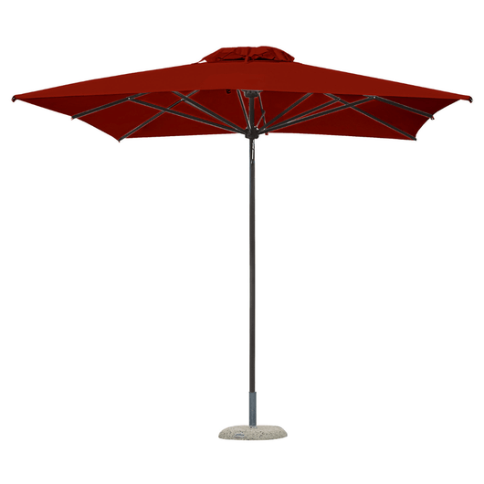 Houtstokparasol met aluminium middenmast en baleinen. Voorzien van telescopisch systeem en bordeaux doek.