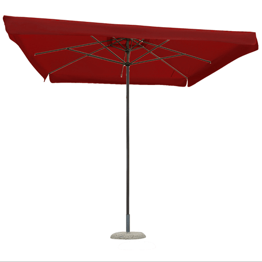 Houtstokparasol met aluminium middenmast en baleinen. Voorzien van telescopisch systeem en bordeaux doek. Voorzien van volant.