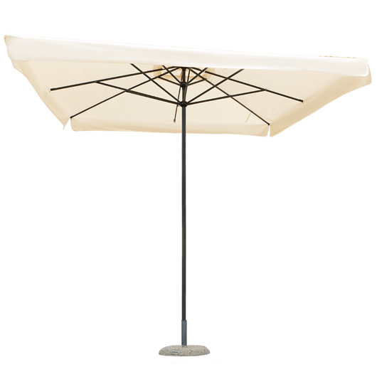 Houtstokparasol met aluminium middenmast en baleinen. Voorzien van telescopisch systeem en ecru doek. Voorzien van volant.
