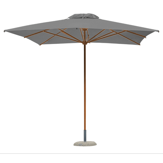 Houtstokparasol met iroko houten middenmast en baleinen. Voorzien van telescopisch systeem en antraciet doek.