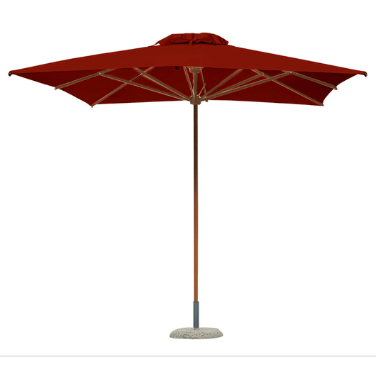 Houtstokparasol met iroko houten middenmast en baleinen. Voorzien van telescopisch systeem en bordeaux doek.