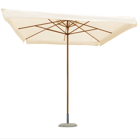 Houtstokparasol met iroko houten middenmast en baleinen. Voorzien van telescopisch systeem en ecru doek.