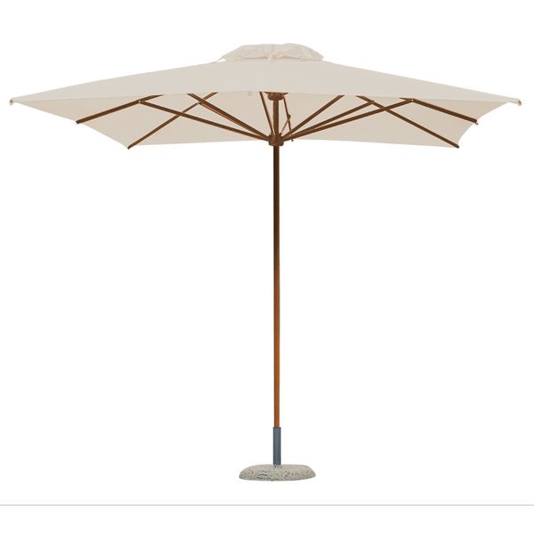 Houtstokparasol met iroko houten middenmast en baleinen. Voorzien van telescopisch systeem en ecru doek.