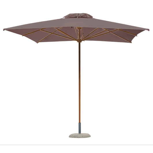 Houtstokparasol met iroko houten middenmast en baleinen. Voorzien van telescopisch systeem en taupe doek.