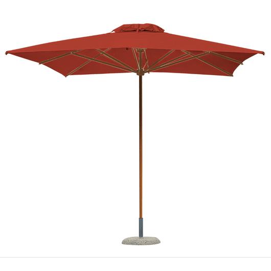 Houtstokparasol met iroko houten middenmast en baleinen. Voorzien van telescopisch systeem en terracotta doek.