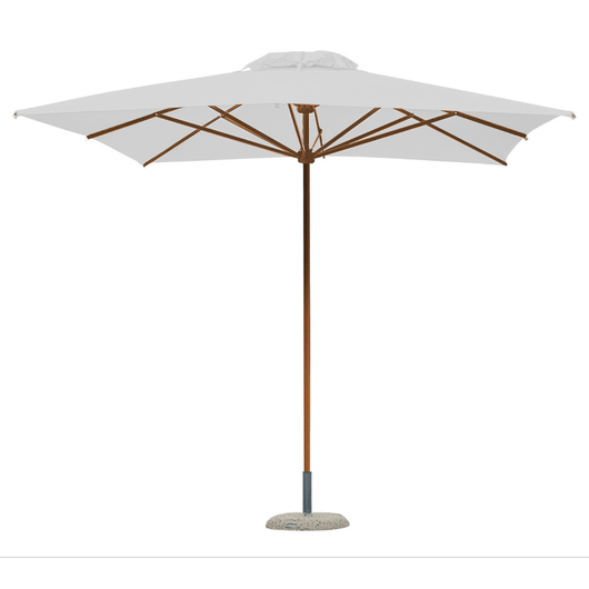 Houtstokparasol met iroko houten middenmast en baleinen. Voorzien van telescopisch systeem en wit doek.