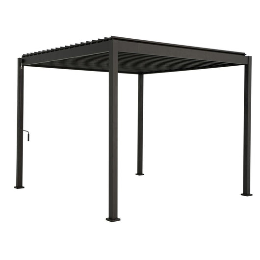 Mirador Basic terrasoverkapping met een lamellendak. De lamellen kunnen middels een handlier open en dicht worden gedraaid. Afmeting 3 x 3 meter, kleur antraciet. Breedte van de paal is 88 mm.