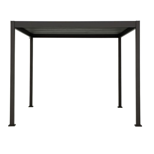Vooraanzicht van de Mirador Basic terrasoverkapping met een lamellendak. De lamellen kunnen middels een handlier open en dicht worden gedraaid. Afmeting 3 x 3 meter, kleur antraciet. Breedte van de paal is 88 mm.