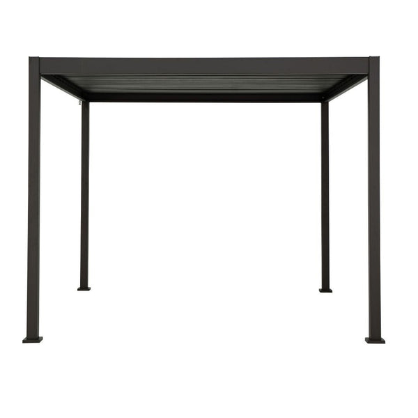 Vooraanzicht van de Mirador Basic terrasoverkapping met een lamellendak. De lamellen kunnen middels een handlier open en dicht worden gedraaid. Afmeting 3 x 3 meter, kleur antraciet. Breedte van de paal is 88 mm.