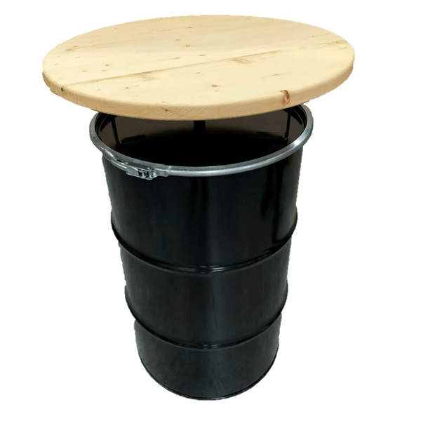 Statafel olievat 120 liter. Zwart olievat met houten blad ø 60 cm. Hoogte: 100 cm