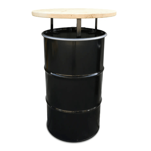 Statafel olievat 120 liter. Zwart olievat met houten blad ø 60 cm. Hoogte: 100 cm