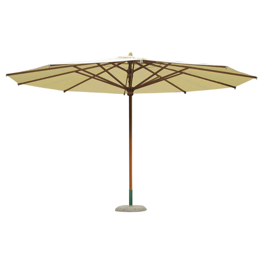 Houtstokparasol met iroko houten middenmast en baleinen. Voorzien van telescopisch systeem en ecru doek.