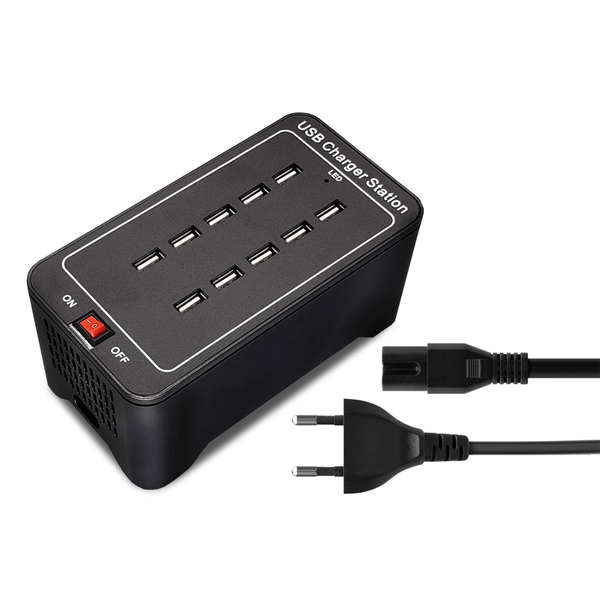 Multicharger met 10 USB-poorten. Voorzien van aan/uit knop. 