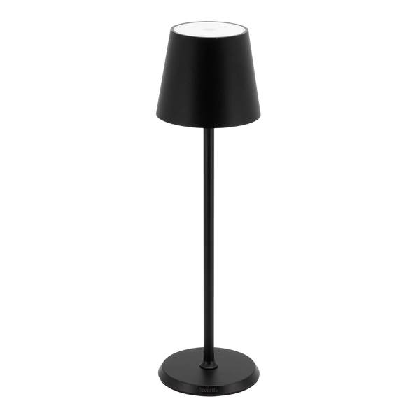 Draadloze LED-tafellamp oplaadbaar. De lamp is uitgevoerd in het zwart met ronde kap en voorzien van magnetische oplaadbaar systeem.
