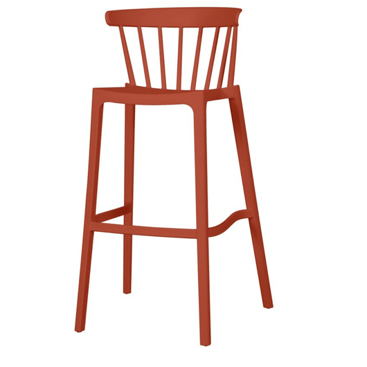 Stapelbare kunststof barkruk. Ronde rugleuning voorzien van spijlen. Kleur: terracotta.