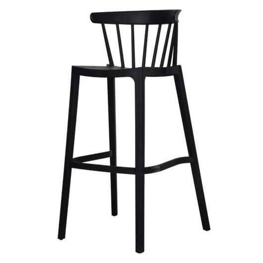 Stapelbare kunststof barkruk. Ronde rugleuning voorzien van spijlen. Kleur: zwart.
