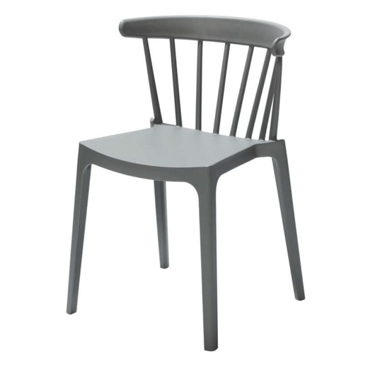 Stapelbare kunststof stoel. Ronde rugleuning voorzien van spijlen. Kleur: grijsgroen.