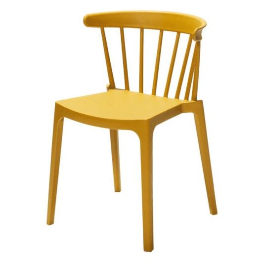 Stapelbare kunststof stoel. Ronde rugleuning voorzien van spijlen. Kleur: okergeel