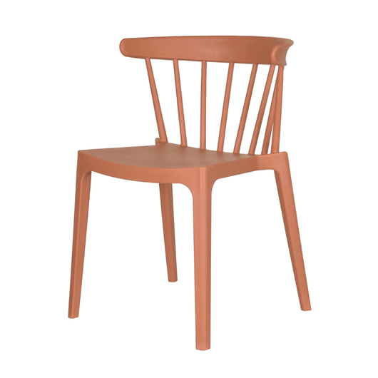 Stapelbare kunststof stoel. Ronde rugleuning voorzien van spijlen. Kleur: terracotta.