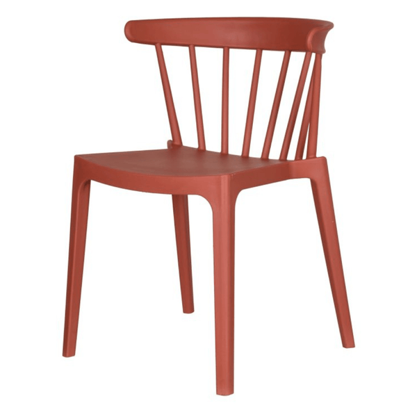 Stapelbare kunststof stoel. Ronde rugleuning voorzien van spijlen. Kleur: terracotta.