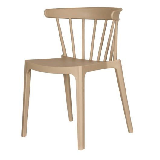 Stapelbare kunststof stoel. Ronde rugleuning voorzien van spijlen. Kleur: zand