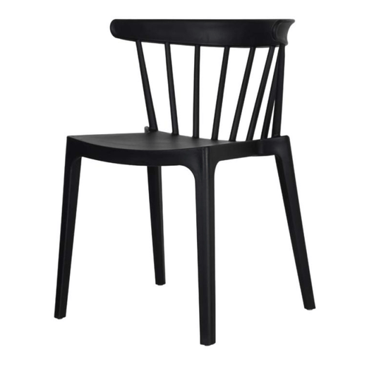 Stapelbare kunststof stoel. Ronde rugleuning voorzien van spijlen. Kleur: zwart