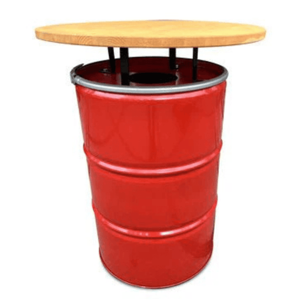 Olievat statafel met rond houten blad. Olievat is rood van kleur en voorzien van een opening waardoor deze te gebruiken is als prullenbak.