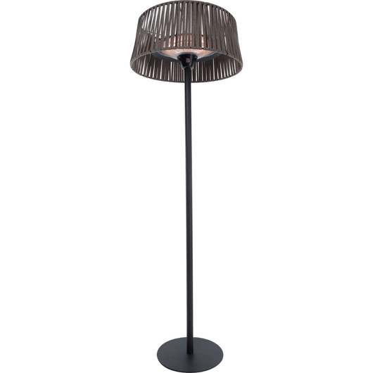 Staande heater met zwarte paal en bruine olefin kap.